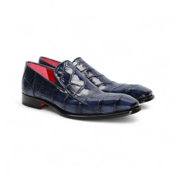 Angled View of Fennix Italy Dustin Navy Genuine Alligator Loafer with Hand-stitched Leather Sole