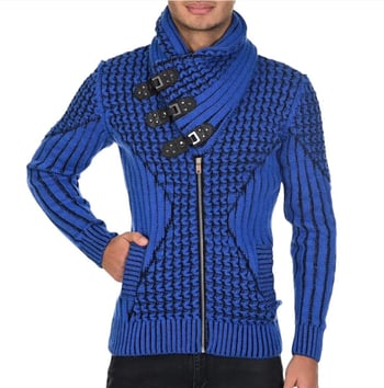 LCR Royal Blue / Black Modern Fit Wool Shawl Collar Zip-Up Cardigan Sweater 12025