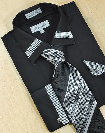 Fratello Black Houndstooth Patch Dress Shirt / Tie / Hanky Set With Free Cufflinks FRV4109P2.