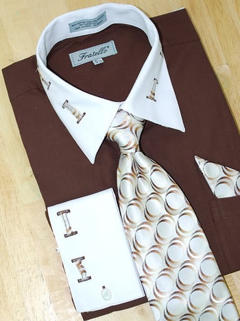 Fratello Brown With Brown / Beige  Laced Spread Collar And French Cuffs Dress Shirt/Tie/Hanky Set  FRV4105P2