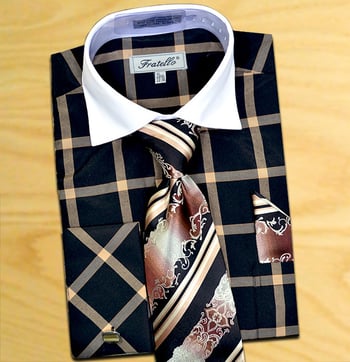 Fratello Black / Tan Checker Pattern Two Tone Dress Shirt / Tie / Hanky Set With Free Cufflinks FRV4123P2.