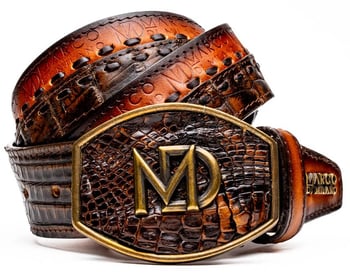 Marco Di Milano Montana Aged Brown Genuine Caiman & Calfskin Hand-Stitched Western Belt