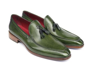 Paul Parkman 083 Green Genuine Leather Hand-Painted Loafer Shoes With Tassel