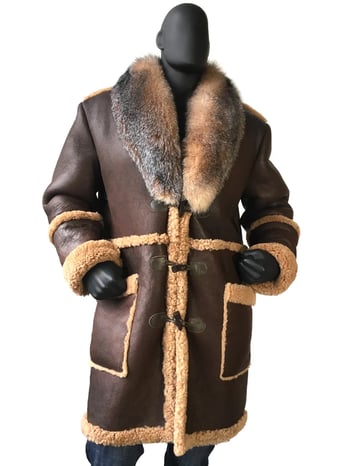 G-Gator #4920 Brown Sheepskin Trench Coat with Genuine Fox Fur Collar