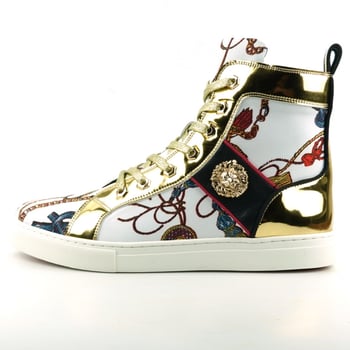 Fiesso White / Gold Metallic PU Leather / Greek Fabric High Top Sneakers FI2421