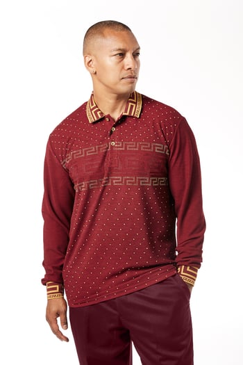 Stacy Adams Burgundy / Gold Studded Cotton Blend Long Sleeve Polo Shirt 1308