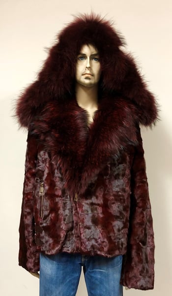 Winter Fur Burgundy Genuine Diamond Mink Motorcycle Jacket With Fox Collar And Hood M49S02BD.