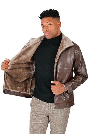 Barabas Brown PU Leather Modern Fit Sherpa Lined Motorcycle Jacket JB2007