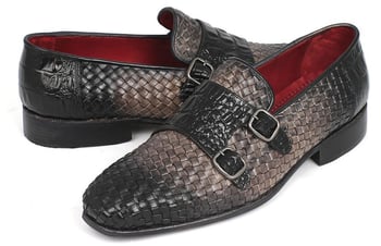 Paul Parkman ''HK588-GRY" Grey Genuine Woven / Crocodile Embossed Leather Double Monkstraps Loafers.