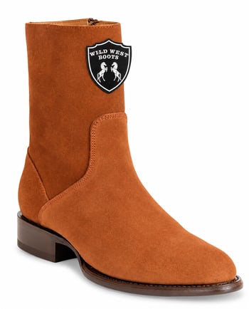 Wild West 269BZ6603 Cognac Genuine Suede Leather Low Shaft Roper Toe Cowboy Boots With Zipper