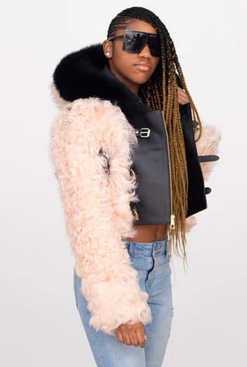 G-Gator 1042 Women's Mongolian Fur Lambskin Fox Fur Trim Crop Jacket with Hood