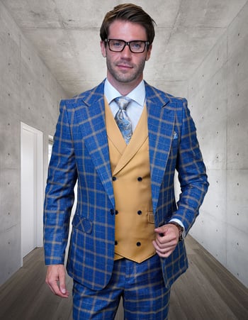 Statement "Hartford" Denim Blue / Camel Super 180's Cashmere Wool Vested Modern Fit Suit