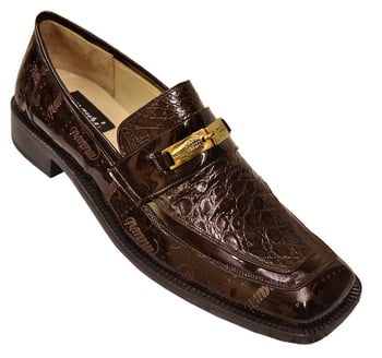 Mauri "7325" Brown Genuine Crocodile / Patent Leather Loafer Shoes with Mauri Laser Engraving and Gold Bracelet