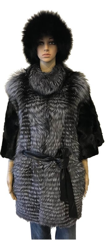 Winter Fur Ladies Black Genuine Mink Paws With Silver Fox Cape W69P03BK.