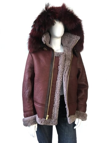 G-Gator Ladies Burgundy Genuine Shearling Sheepskin Aviator Jacket With Reversible Collar / Cuffs 1050.