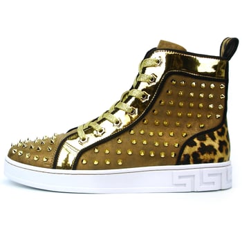 Encore by Fiesso FI-2364 Gold Suede Spiked High-Top Lace-Up Sneaker