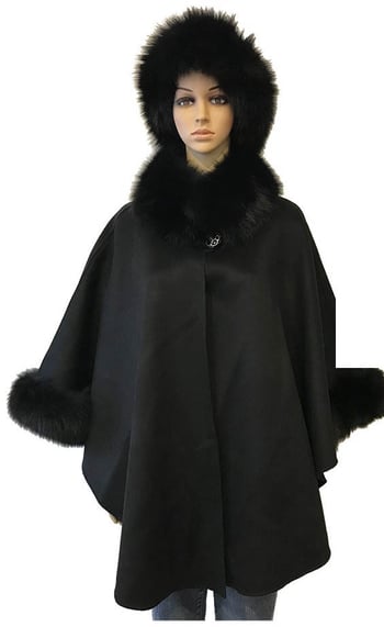 Winter Fur Ladies Black Genuine Fox Trimming Wool Cape WW01.