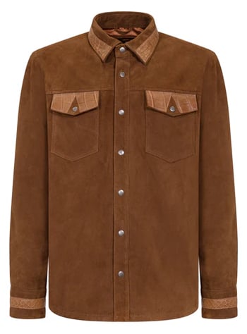 G-Gator 703 Brown Genuine Lambskin Suede Alligator Trim Snap Front Shirt Jacket