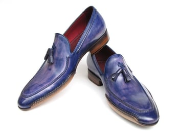 Paul Parkman 082 Blue / Purple Genuine Leather Side Handsewn Tassel Loafer Shoes