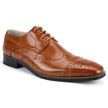 Giovanni Brogue Tan Calfskin Perforated Wingtip Derby Lace-Up Dress Shoes