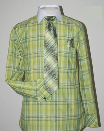 Daniel Ellissa Green / Lime / Apple Checker Pattern Shirt / Tie / Hanky Set With Free Cufflinks DS3772P2