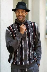 Montique Grey : Black : Multicolor Zip-Up Sweater Outfit With Black Microsuede Elbow Patches And Neck Epaulets 1607