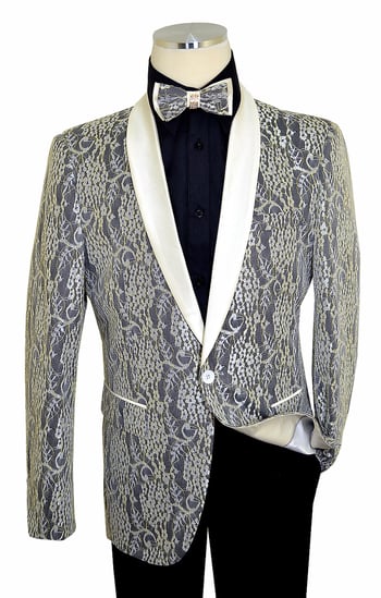 Cielo Off-White / Black / Metallic Gold Laced Satin Classic Fit Blazer / Bow Tie B6381