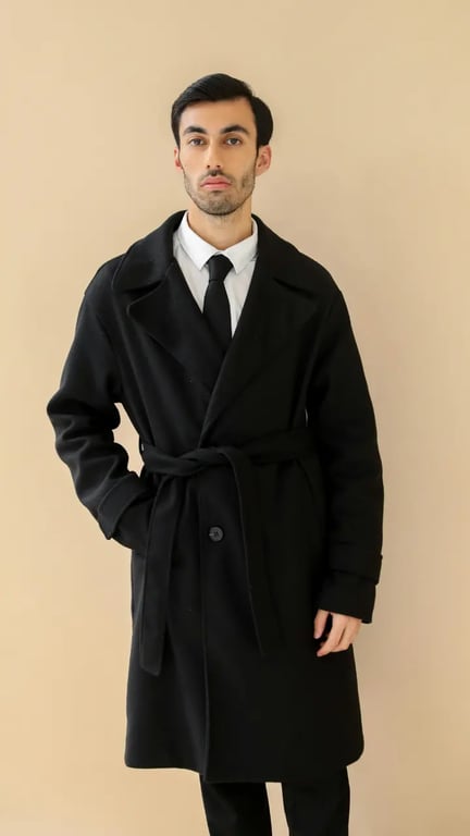 a man wearing a black wool overcat