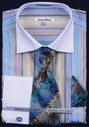 Fratello Blue Multi Stripe Two Tone Shirt / Tie / Hanky Set With Free Cufflinks FRV4122P2