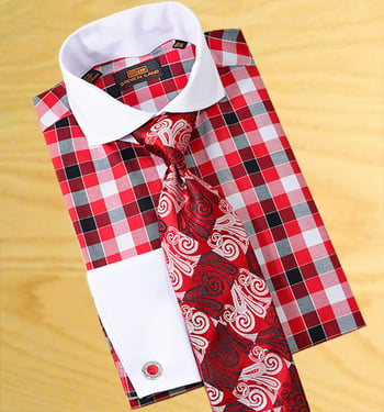 Steven Land Red / Black / White Checkerboard Design With White Spread Collar /  White French Cuffs 100% Cotton Dress Shirt DS1090