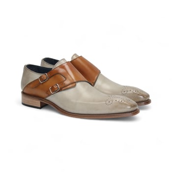 Duca Di Matiste "Vergato" Beige / Cognac Genuine Italian Calf Leather Monk Strap Shoes.