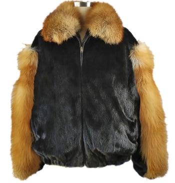 Winter Fur Black / Red Genuine Full Skin Mink Bomber Jacket With Fox Collar And Sleeves M59R01BKRF.