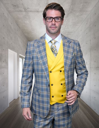 Statement "Sunset" Grey / Yellow / White Super 180's Cashmere Wool Vested Modern Fit Suit