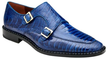 Belvedere "Valiente" Antique Ocean Blue Genuine Ostrich Leg Double Monk Strap Shoes 02442.