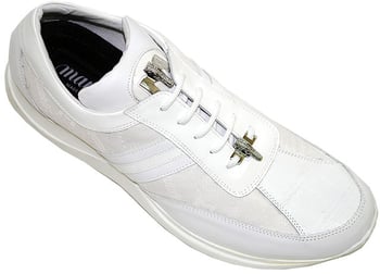 Mauri 8761 White Genuine Crocodile And Nappa Leather/Patent Leather/Mauri Fabric Casual Sneakers With Silver Mauri Crocodile Head