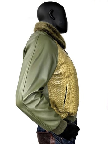 G-Gator Olive Green Genuine Lambskin Leather Bomber Jacket With Python Trimming Mink Collar 1020-2.