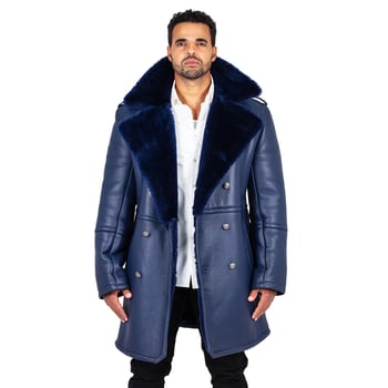 G-Gator 5000 Navy Shearling Sheepskin Double Breasted Trench Coat