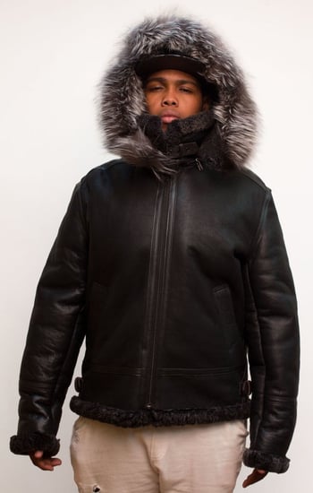 G-Gator Black Genuine Shearling Sheepskin Aviator Jacket With Removable Hood / Raccoon Fur 800.