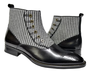 Giovanni "Kendrick" Black / White Tweed Fabric / Calfskin Ankle Spat Boots