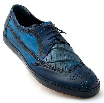 Mauri "Brouge" 8668 Wonder Blue / Denim Hand-Painted Genuine Alligator / Calfskin Casual Lace-Up Shoes