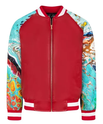 G- Gator 1011 Red Genuine Lambskin Leather Baseball Jacket Digital Print Sleeves