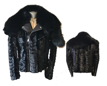 Winter Fur Black Genuine Diamond Mink Motorcycle Jacket with Removable Fox Collar M49S01BKB.