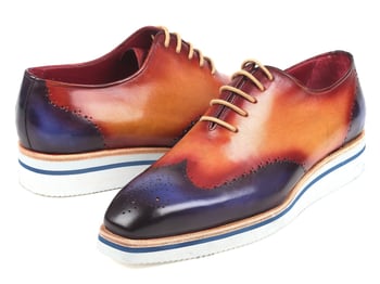 Paul Parkman "188-BLU-CML" Blue / Camel Genuine Calfskin Casual Wingtip Oxfords Shoes .