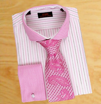 Steven Land Pink / White Pinstripe Design With Pink Spread Collar /  French Cuffs 100% Cotton Dress Shirt DS1542