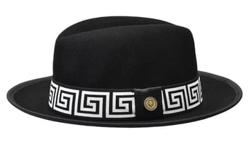 Bruno Capelo Black / White Bottom Greek Key Banded Wool Fedora Dress Hat PRE-600