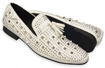 Amali Tate White Rhinestone Crystal-Studded Microsuede Tassel Loafers
