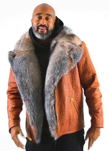 G-Gator 7100 Embossed Leather Jacket Cognac Fox Fur | Wind Resistant L