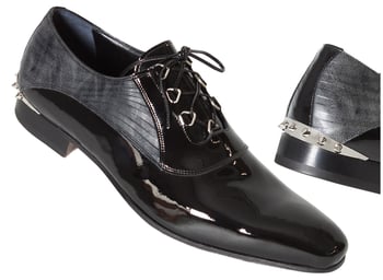 Mauri "4734" Black / Black-Grey Genuine Patent Leather / Fabric Shoes With Metal Spike At Back