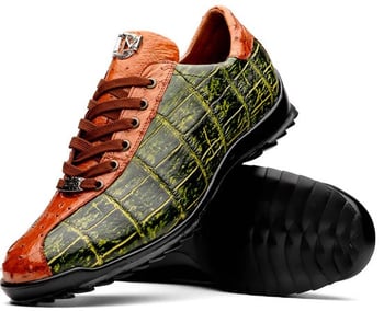 Marco Di Milano "Saulo" Green / Cognac Genuine Crocodile And Ostrich Quill Fashion Sneaker