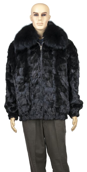 Winter Fur Black Men's Diamond Mink Jacket With Full Skin Fox Collar M49R01BK.